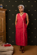 House Of Hamsa Linen Overlap – Crimson Midi Dress